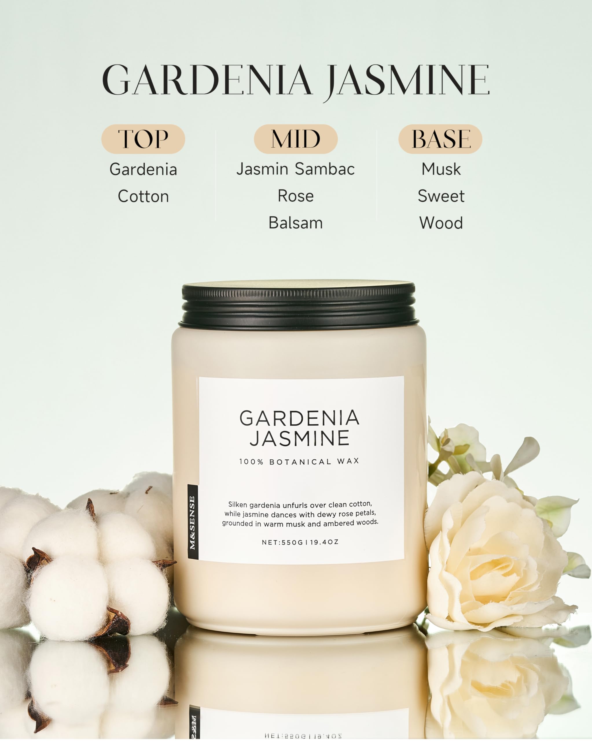 M&SENSE Gardenia Jasmine Scented Candle, 110 Hours Slow Burning Clean Non Toxic 19.4oz 2 Wicks Aromatherapy Candle for Housewarming Gifts, Long Lasting Fragrance for Bath & Office