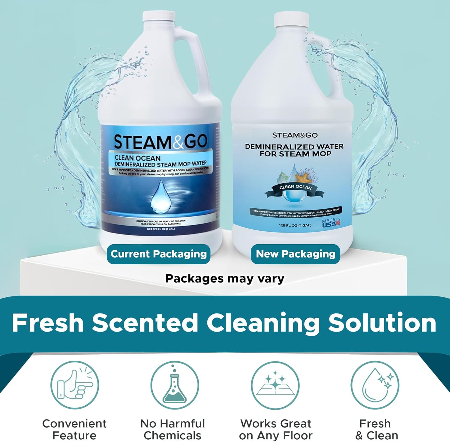 Steam & Go Demineralized Water - Multi-Surface Cleaner for Mops & Steamers - 128 fl oz (1 Gal) - Clean Ocean Scent