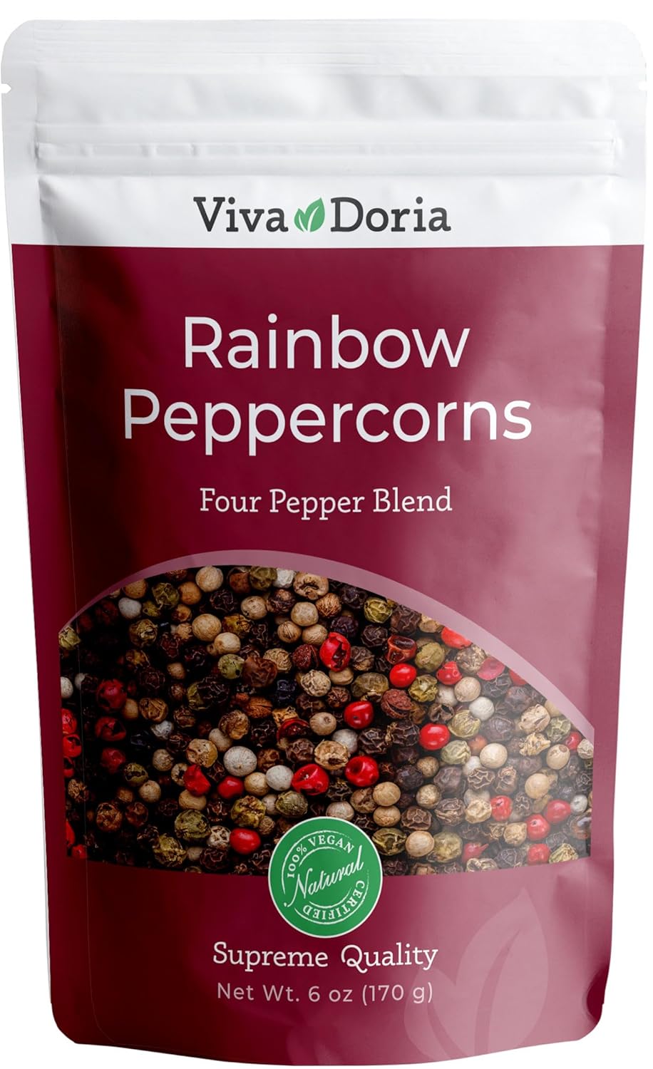 Viva Doria Rainbow Peppercorns - Four Peppercorn Blend, Steam Sterilized, 6 Oz Grinder Refill