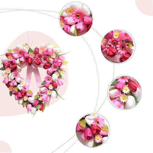 Bibelot Valentine's Day Heart Shaped Tulip Wreath, 20 Inch Pink White Tulip Floral Wreath for Front Door, Artificial Flower Heart Wreaths for Wedding Anniversary Festival Decorations