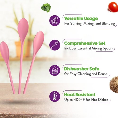 Crisp 3 Piece Poly Mixing Spoon Set - Durable Kitchenware Cooking Spoons - Kitchen Spoons - Dishwasher Safe & Mixing Stirring Spoon For Kitchen - Made in the USA - Pink