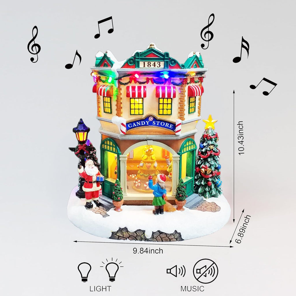 Moments In Time LED Musical Candy Store - 10.3” Light Up Christmas Village Scene | Plays 8 Classic Songs, Battery Operated