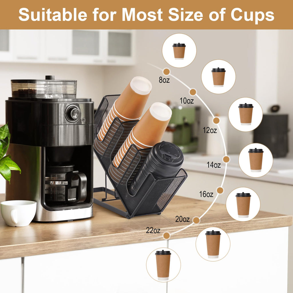 Cairondin Paper Cup and Lid Holder with Straw Organizer for Countertop Coffee Station Bar Restaurant Breakroom, Metal Midsize Disposable Coffee Cup Dispenser for Plastic Cup Lid Straw, Black