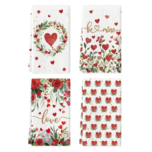 Artoid Mode Rose Floral Love Heart Garland Valentine's Kitchen Towels Dish Towels, 18x26 Inch Anniversary Wedding Decoration Cleaning Set of 4