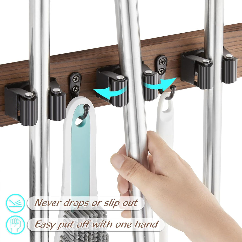 OUTNILI Mop and Broom Holder Wall Mount - Rustic Wood Organizer with 5 Slots & 4 Hooks for Garage, Closet, Laundry Room
