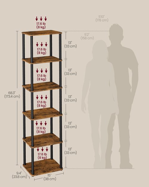 VASAGLE Superfast Toolless Assembly, 6-Tier Shelf for Living Room, Standing Shelf, Bookshelf, Bedroom, Kitchen, 9.4 x 15 x 68.3 Inches, Rustic Brown and Ink Black ULLS136K01