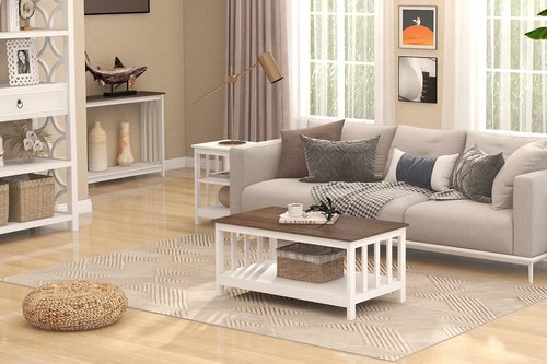 ChooChoo Farmhouse Coffee Table, White Living Room Table with Shelf, 40 Inch