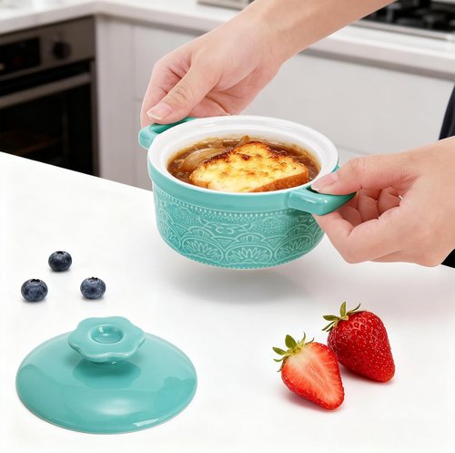 Hacaroa Mini Cocotte Set - 8 Oz Ceramic Ramekins with Handles | Oven Safe Individual Serving Dishes - 6 Colors