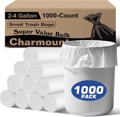 Charmount Small Trash Bags - 2-4 Gallon Unscented White Plastic Wastebasket Liners | 1000 Count