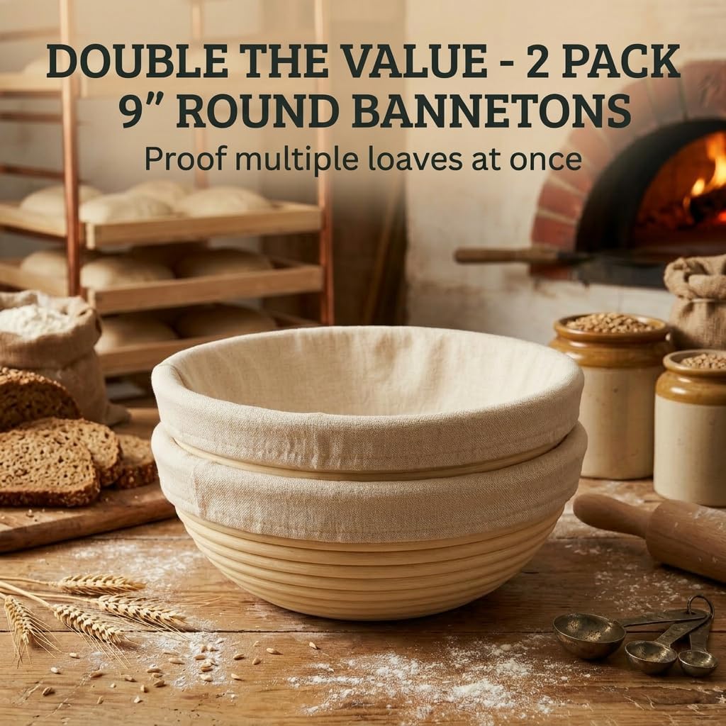 Saint Germain Bakery Premium Round Bread Banneton Basket - Set of 2 | 9" with Liner for Perfect Dough Rising