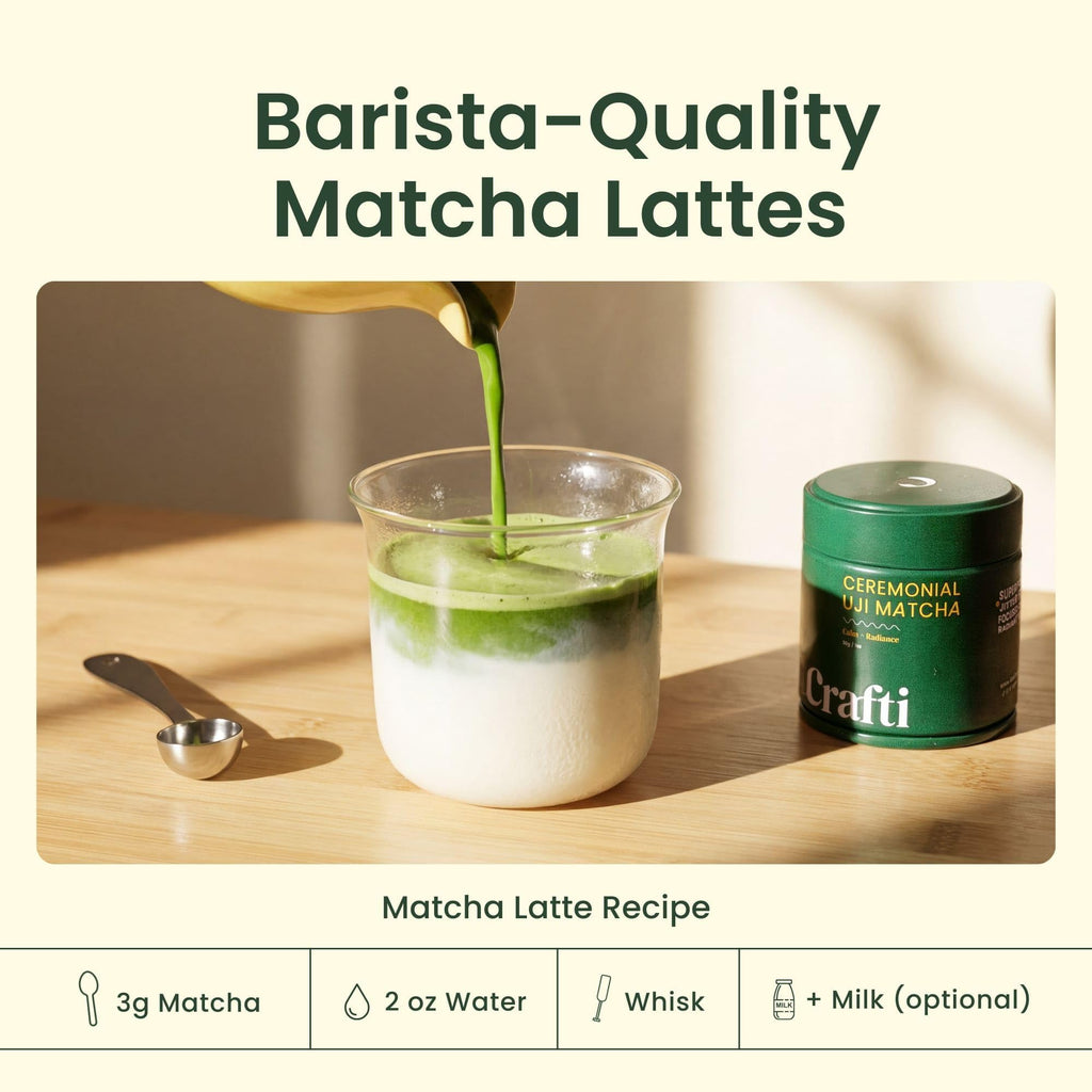 Crafti - Ceremonial Grade Organic Matcha Powder | 100 Servings (100g / 3.5oz) | Sugar-Free Kyoto Uji Matcha | Daily Matcha Green Tea for Calm Focus, Jitter-Free Energy and Barista-Grade Lattes