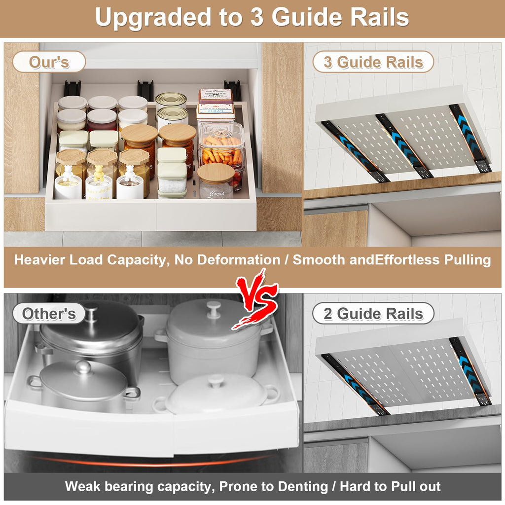 Pull out Cabinet Organizer,Width (14"-21") and Depth (17"-24") Expandable With 3 Rails,No Drill Adjustable Slide out Drawers for Kitchen,Pantry,Adhesive Roll out Shelves,for Cabinets Without Lip,White