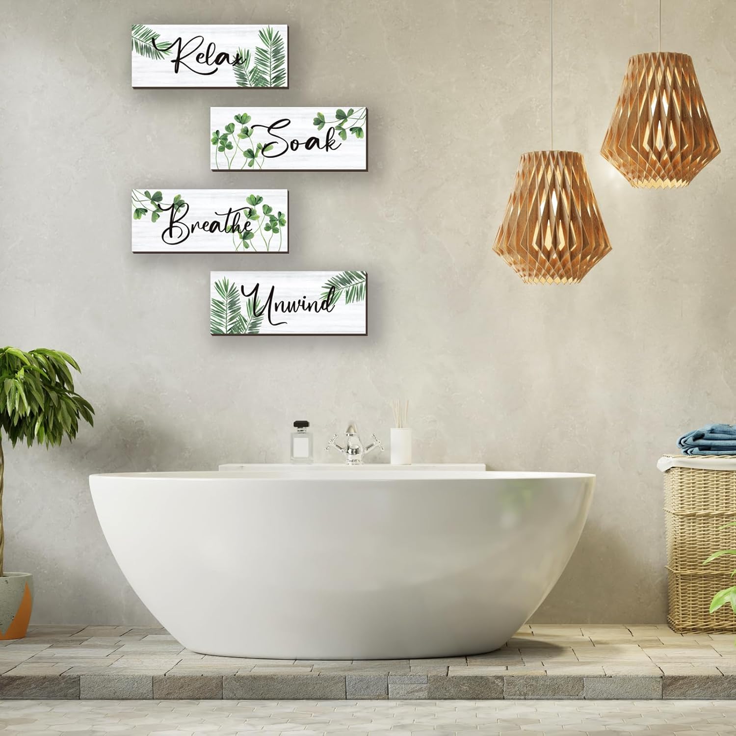 Skiennix Farmhouse Bathroom Wall Decor - Relax, Soak, Unwind Wooden Signs | Green Leaves 10x4 Inch