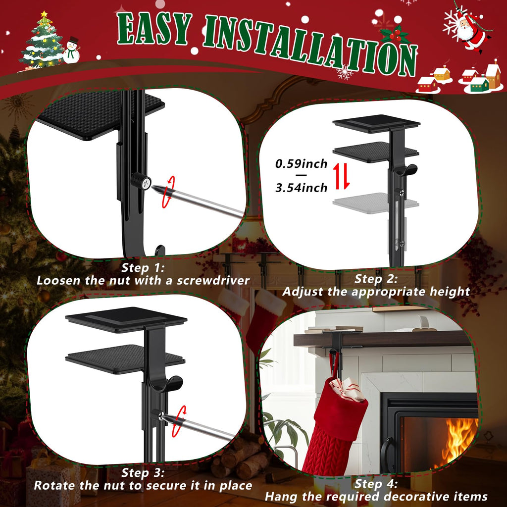 RGJ 6 Pack Christmas Fireplace Stocking and Garland Hanger, 2 in 1 Adjustable Mantle Garland Hanger, No Drill Stocking Holder Hanger for Mantle, Fits Mantles from 0.5" to 3.5" Thick