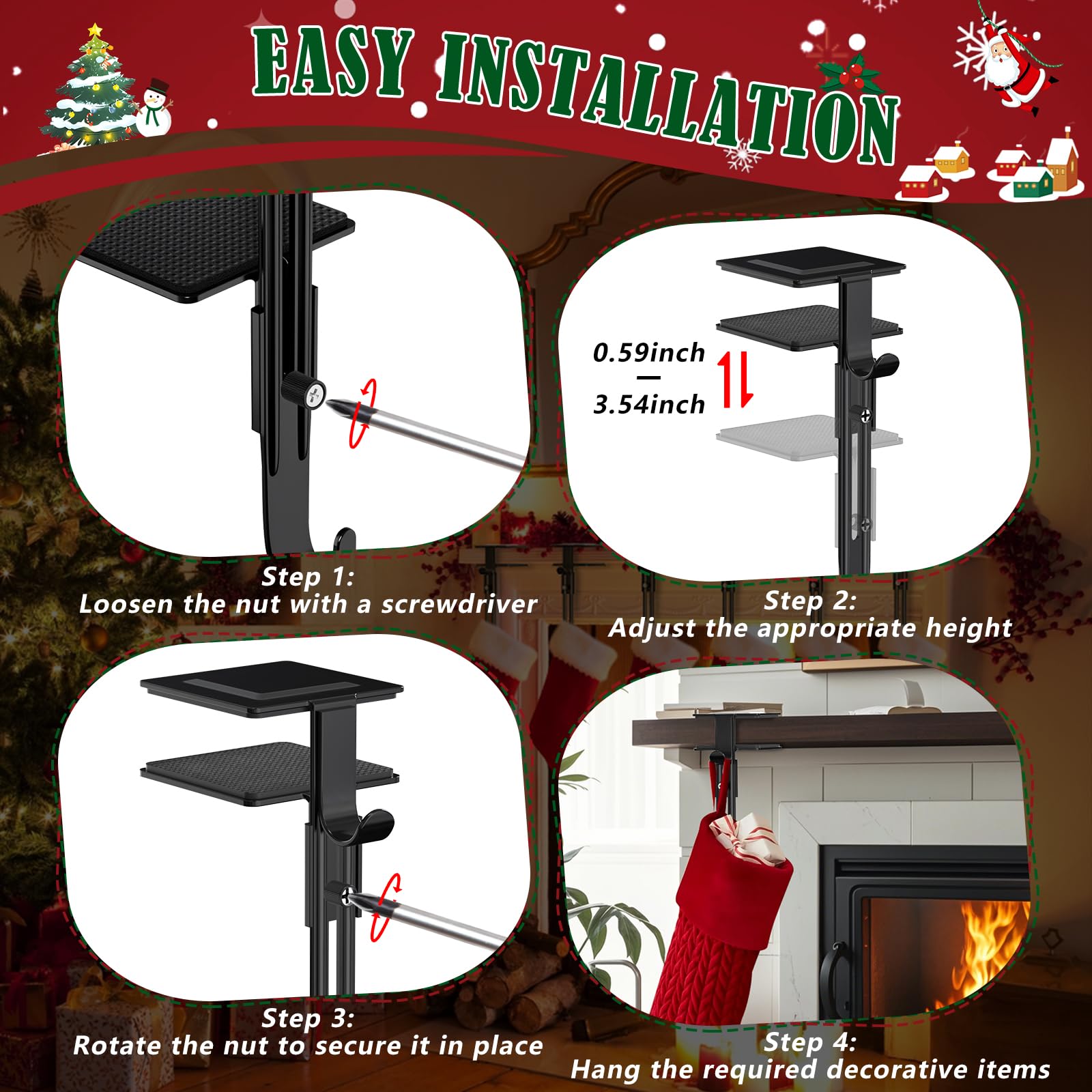 RGJ 6 Pack Christmas Fireplace Stocking and Garland Hanger, 2 in 1 Adjustable Mantle Garland Hanger, No Drill Stocking Holder Hanger for Mantle, Fits Mantles from 0.5" to 3.5" Thick