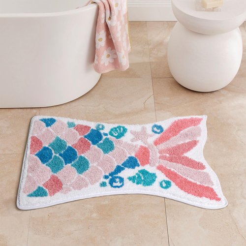 Faitove Mermaid Tail Bath Mat for Kids Bathroom Ocean Fish Scales Non-Slip Thick Microfiber Rugs Super Absorbent Cute Bathtub Decor Door Mat Pink Teal Girl’s Carpet - 32" x 20"