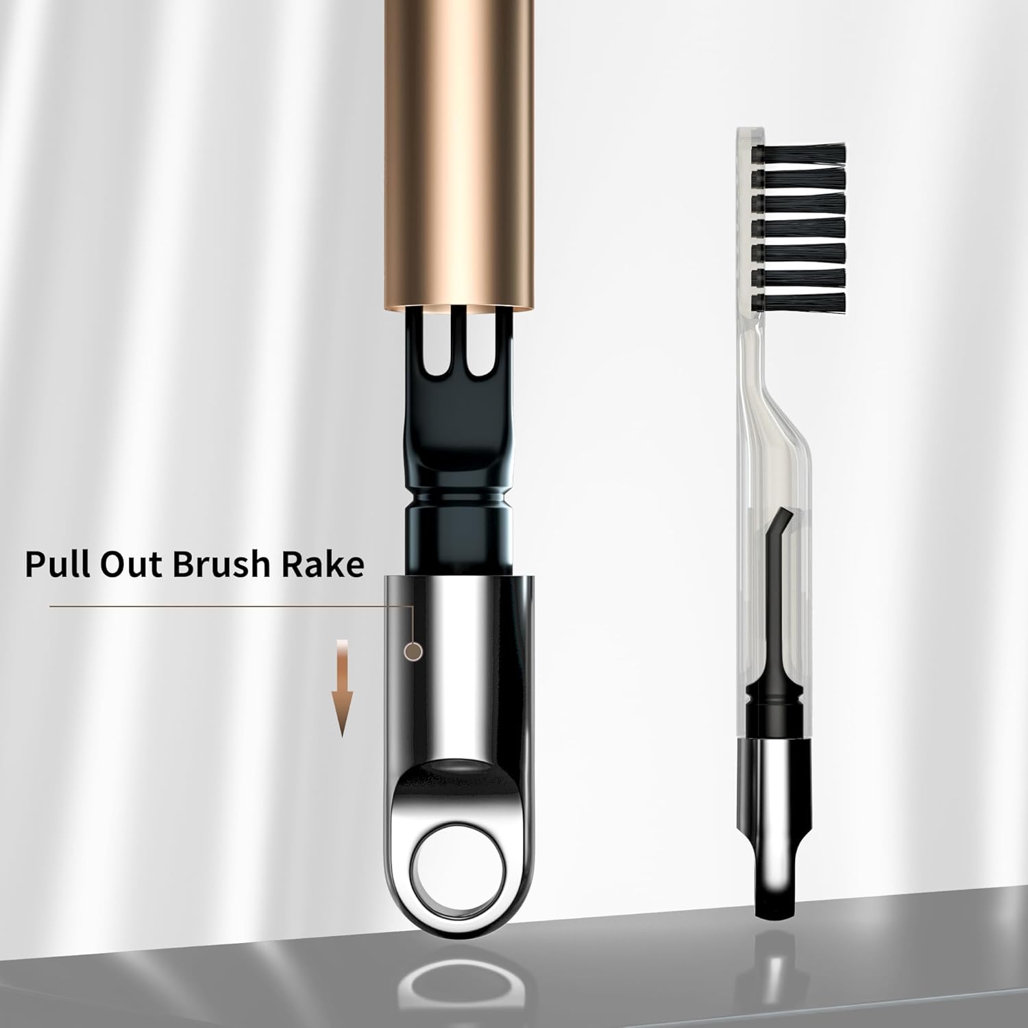 Skiennix 2-in-1 Hair Brush Cleaner - Nylon Bristles & 3-Pronged Rake for Easy Tangled Hair Removal - Compact Gold Design