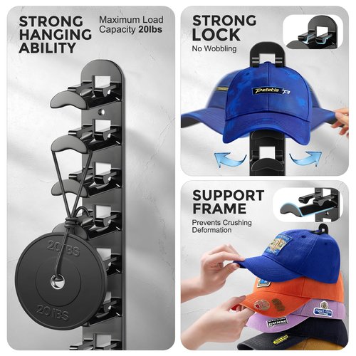2 Pack Hat Organizer for Baseball Caps, Hat Rack for Wall Hold Up to 20 Hats, Hat Holder with Strong Adhesive and Screws, Hat Organizer Wall Mounted Hat Hanger Display for Door Closet Bedroom(B-Black)