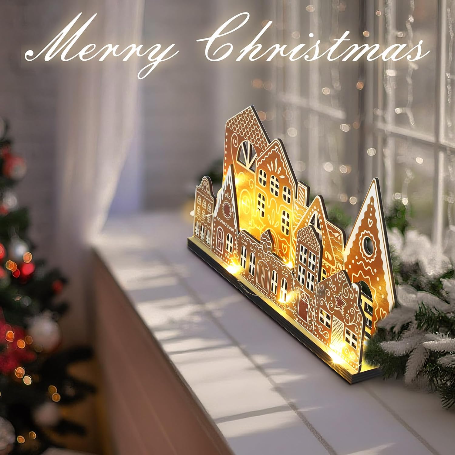 Rossesay Gingerbread House Tabletop Decorations - Light-Up Wooden Christmas Village Centerpiece | Rustic Farmhouse Decor
