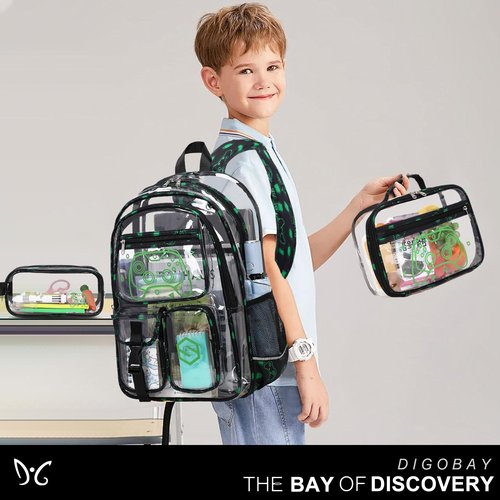 DIGOBAY 3PCS Cool Luminous Clear Backpack for Boys Kids, Gamer Bookbag for School, See Through PVC Transparent Backpacks with Lunch Bag Pencil Case, Clear Backpack Heavy Duty for School Stadium