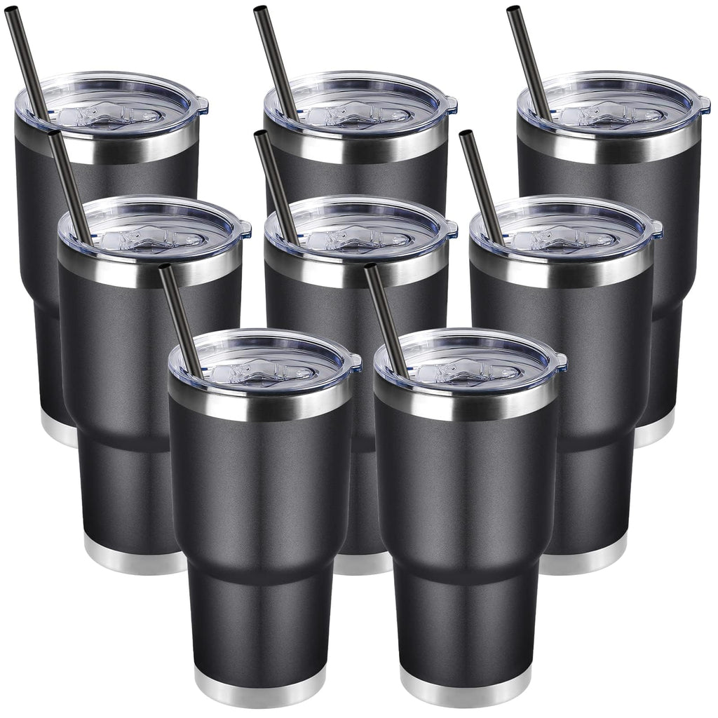 DOMICARE 30oz Tumbler Bulk with Lid and Straw, Double Wall Travel Coffee Mug, Insulated Vacuum Stainless Steel Tumblers, Powder Coated Tumbler Cup (Black, 8)