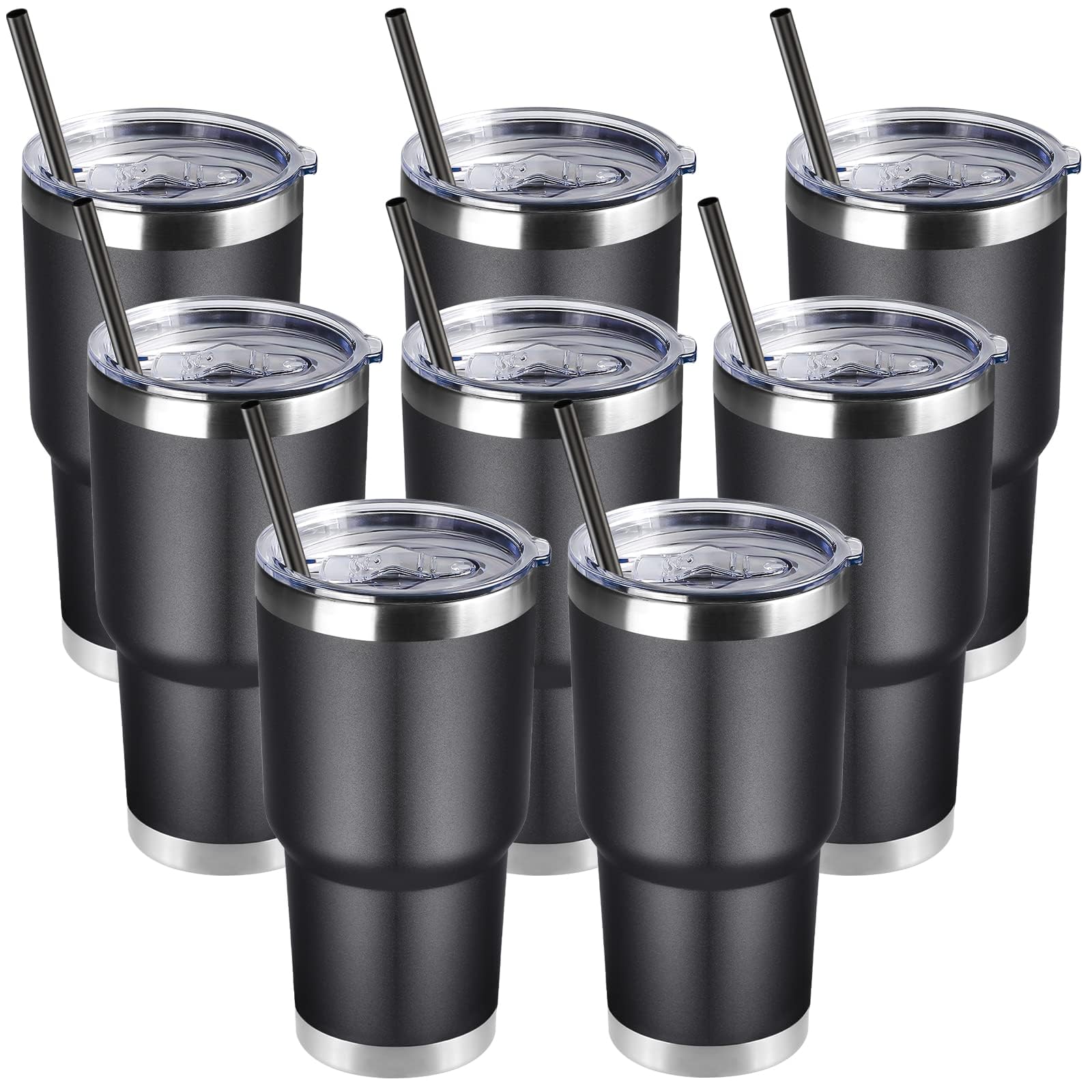 DOMICARE 30oz Tumbler Bulk with Lid and Straw, Double Wall Travel Coffee Mug, Insulated Vacuum Stainless Steel Tumblers, Powder Coated Tumbler Cup (Black, 8)