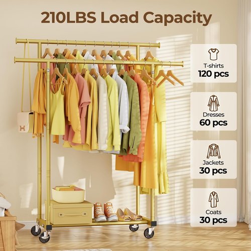 HYSEYY Double Rod Clothing Rack - Sturdy Portable Garment Rack for Bedroom & Laundry | Gold Finish