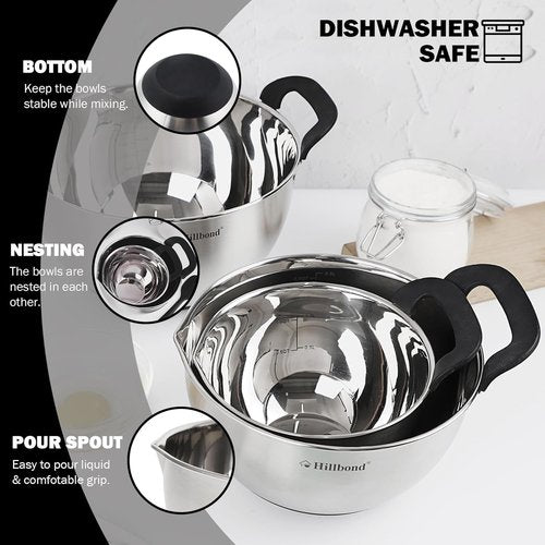 Hillbond Stainless Steel Mixing Bowls Set - 3 Bowls with Lids, Pour Spout & Non-Slip Bottoms | Black