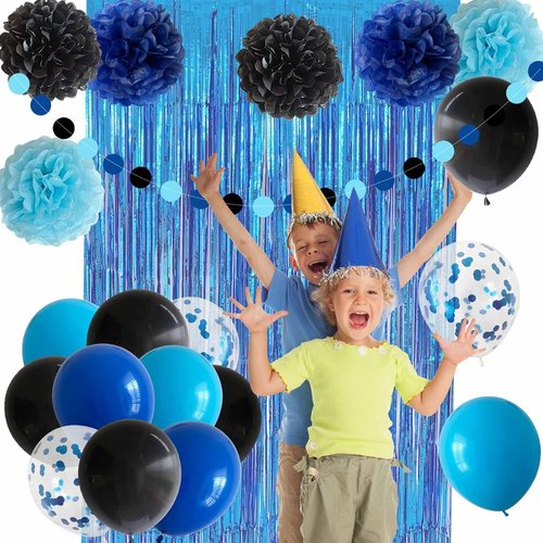 ANSOMO Happy Birthday Party Decorations - Blue & Black Banner, Balloons & Pom Poms | Perfect for All Ages