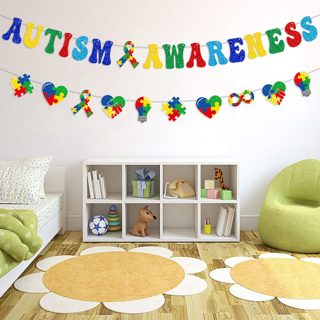 YEIRFYY Glittery Autism Awareness Banner - Colorful Puzzle Piece Garland for Inspirational Support