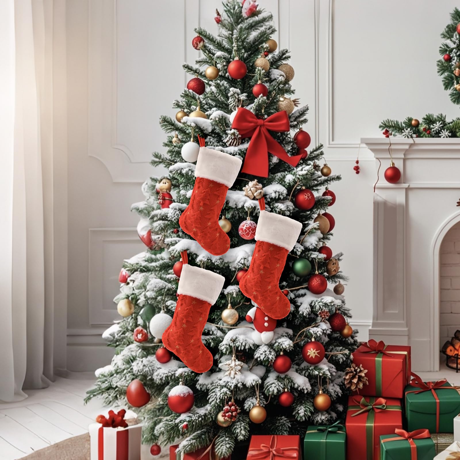 Christmas Stocking, red Sock has a Christmas Tree Shape., Plush White Cuff, 20 Inch Holiday Decor, Bone Shaped Design