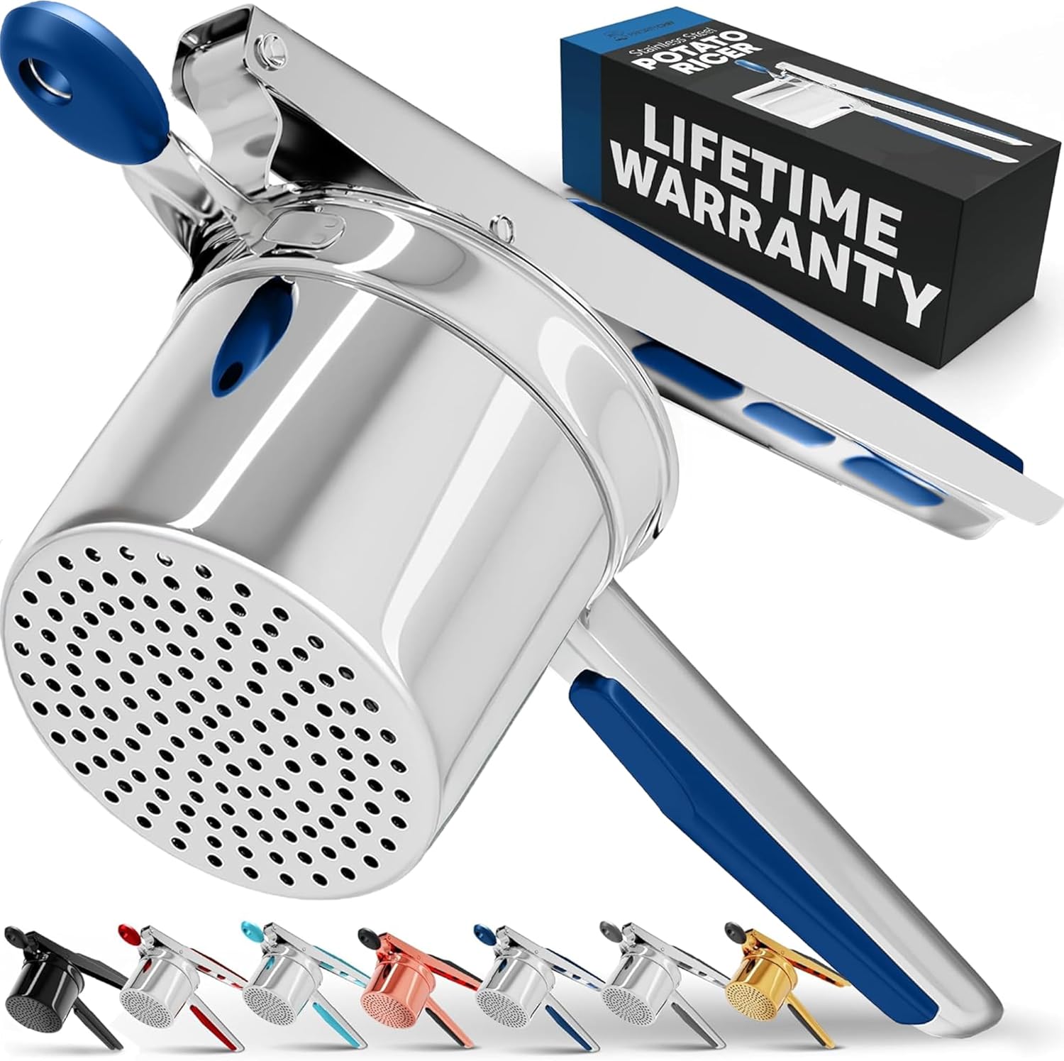 PriorityChef 15oz Potato Ricer - Heavy Duty Stainless Steel Masher for Perfect Mashed Potatoes | Blue