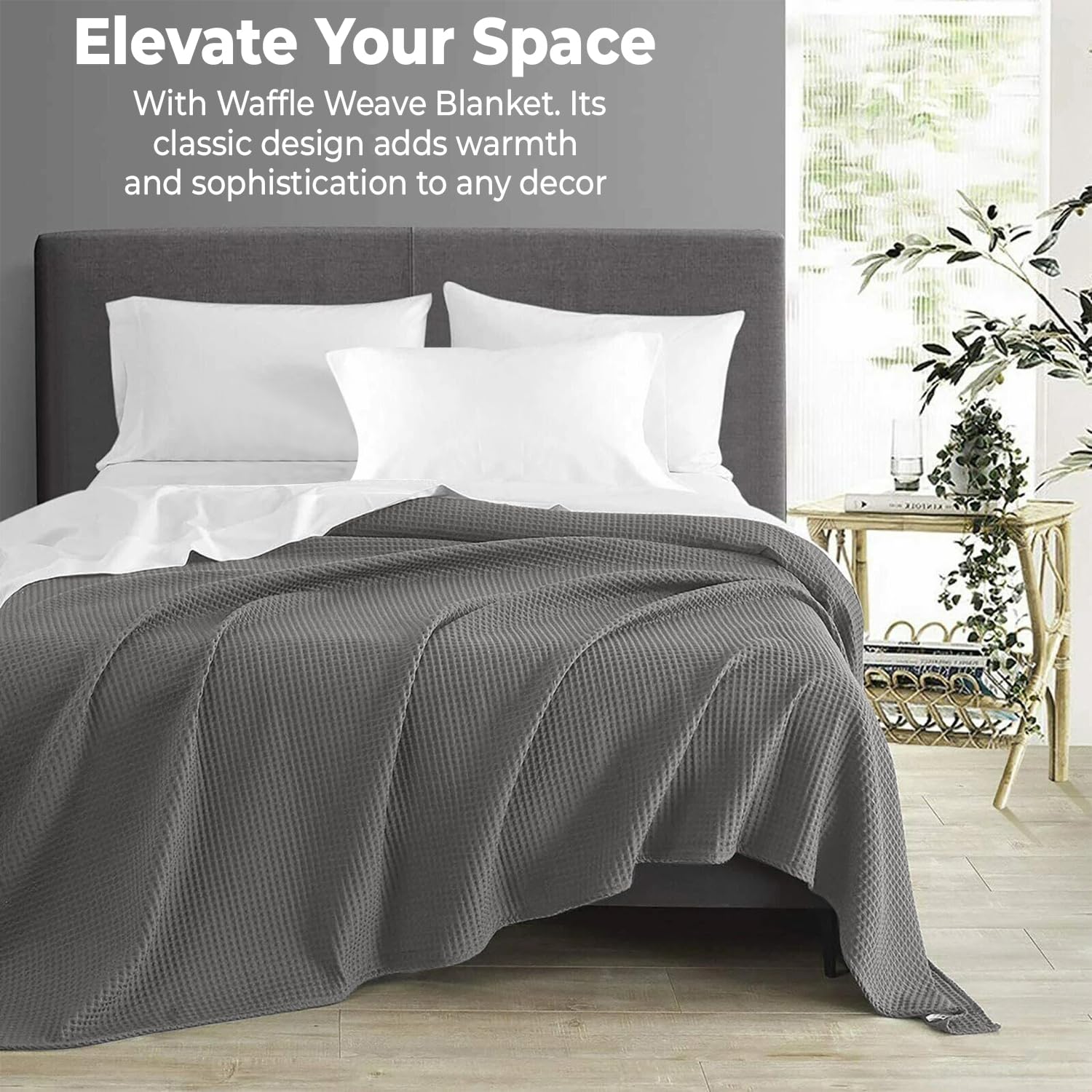100% Cotton Blankets for Bed - Waffle Weave Blankets for Summer, Lightweight and Breathable Soft Woven Blanket for Spring (Dark Grey, Throw (50" x 60"))
