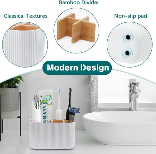 GFWARE Bamboo Toothbrush Holder - Stylish Organizer for Electric & Kids Toothbrushes | White