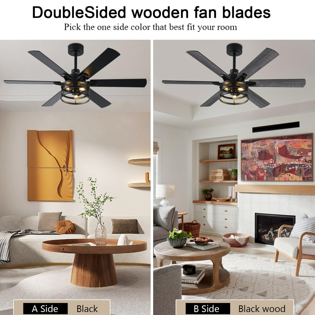 NKPU 52 Inch Farmhouse Ceiling Fan with Light and Remote, Black Industrial Caged Rustic Ceiling Fan with 6 Speed Reversible Motor and Dual Finish 6 Blades, Rustic Ceiling Fan for Living
