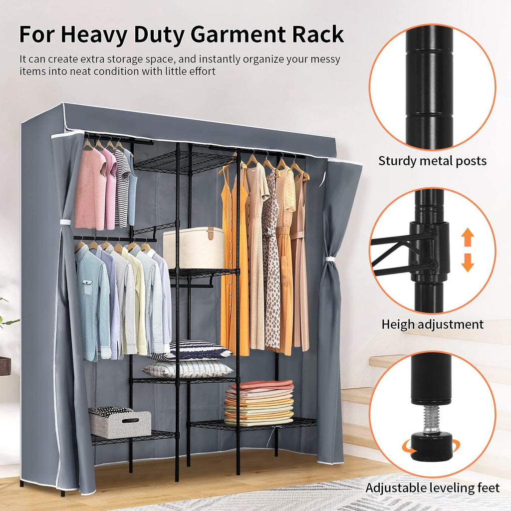 PayLessHere Metal Garment Rack - Adjustable Portable Closet with 4 Hanger Rods & 7 Shelves, Black