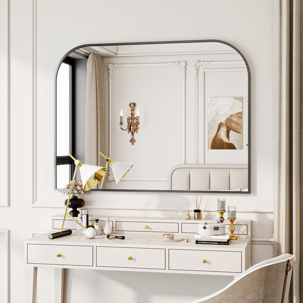 VETROVUE Black Arched Top Wall Mounted Mirror - 38 x 30 Inch Round Cruved Top Bathroom Vanity Mirror, Aluminum Metal Framed, Home Decor for Living Room, Bedroom, Fireplace, Mantle, Entryway