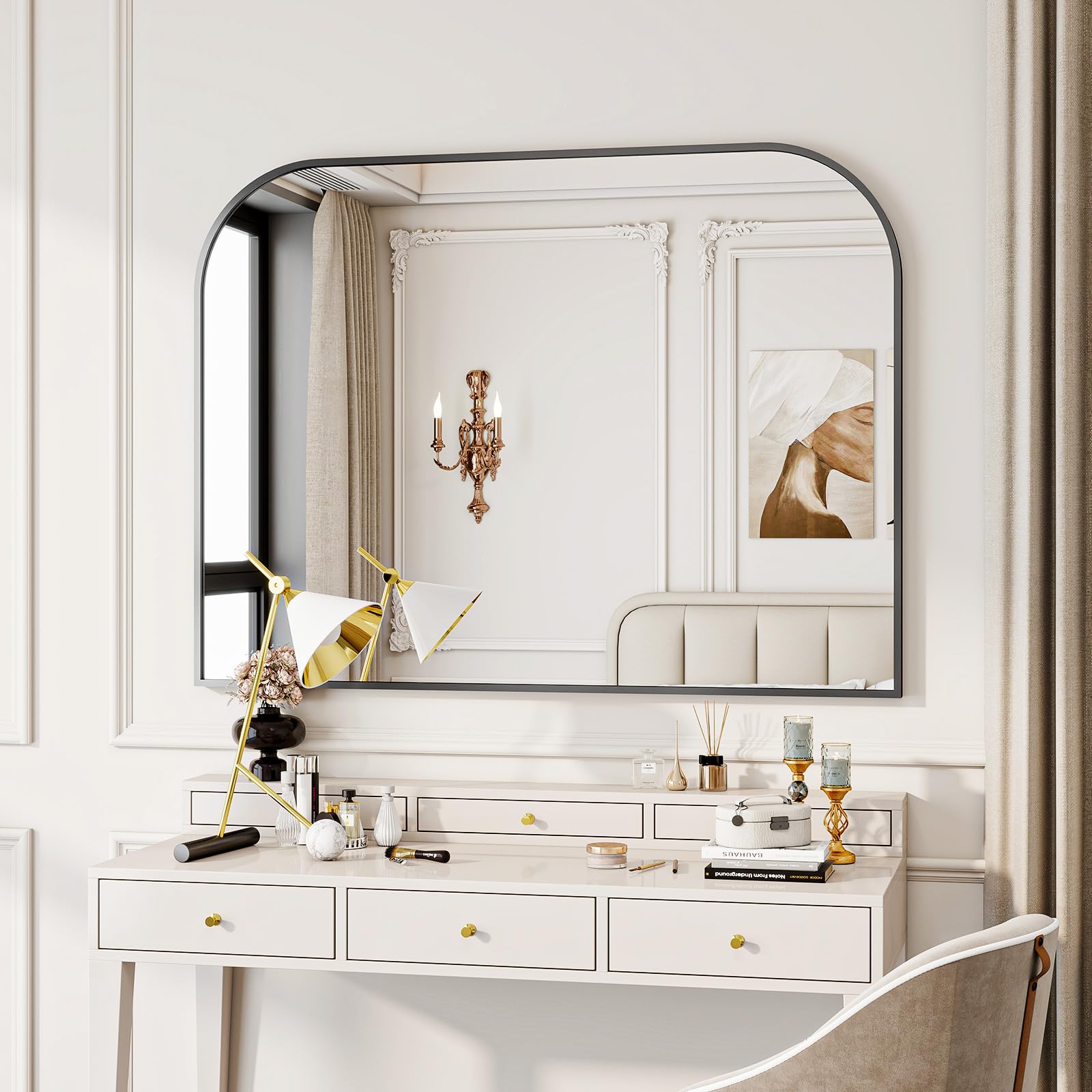 VETROVUE Black Arched Top Wall Mounted Mirror - 38 x 30 Inch Round Cruved Top Bathroom Vanity Mirror, Aluminum Metal Framed, Home Decor for Living Room, Bedroom, Fireplace, Mantle, Entryway