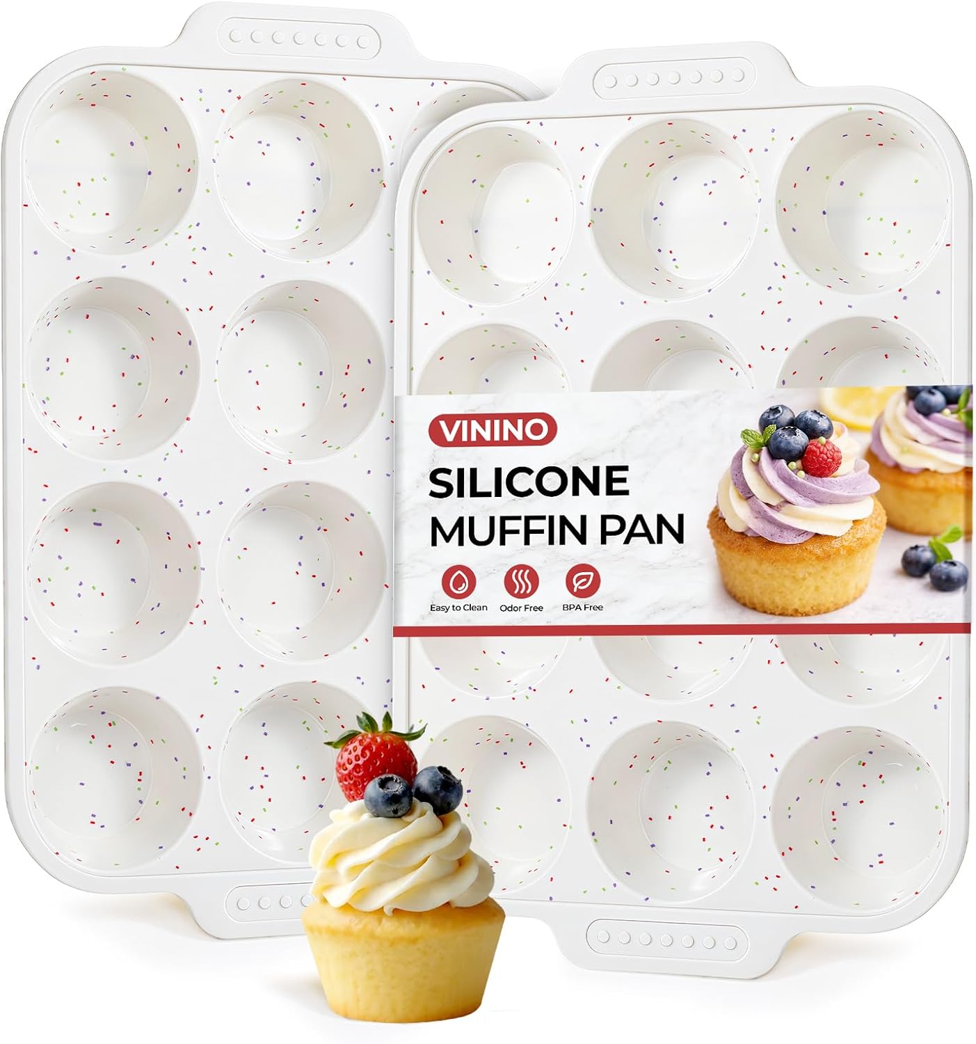Vinino Silicone Muffin Pan - 2-Pack Nonstick Baking Tray with Metal Reinforced Frame | 12 Cups, BPA Free