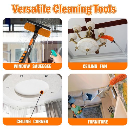 LAANPOLE 26FT High Reach Duster Cleaning Kit with Extension Pole, High Ceiling Fan Cleaner Duster Tool for Fan Blades, Window Washing Kit with Microfiber Feather Duster & Window Squeegee