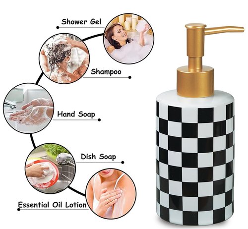 Checkered Ceramic Soap Dispenser White and Black,Liquid Lotion Dish Hand Checkerboard Soap Dispenser Bottle with Golded Pump Plastic for Kitchen,Bathroom,Washroom