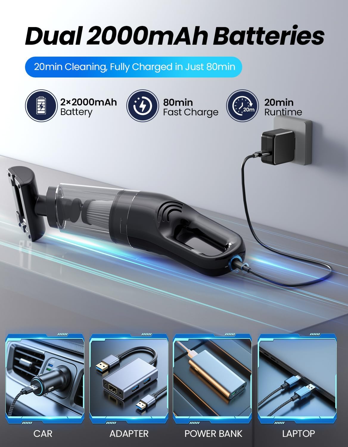 Skiennix Handheld Vacuum - Cordless 26,000 Pa Suction Power | Portable Rechargeable for Home & Car, Black