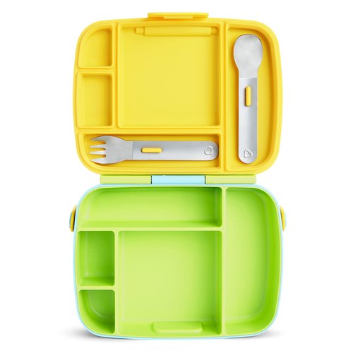 Munchkin Lunch Bento Box for Kids and Toddlers, Includes Stainless Steel Utensils, BPA-Free, 18 Months and Up, Blue/Green/Yellow
