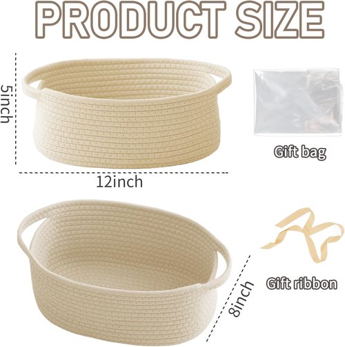 JMvicyroam Woven Basket - Small Rope Storage Bin with Handles | Organizer for Shelves & Closets - Beige (2 Pack)
