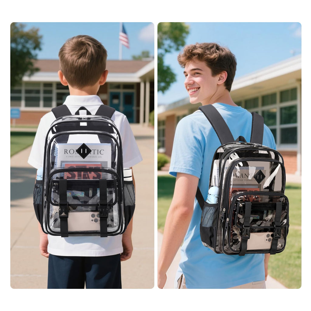 QIXIHU Large Clear Backpacks for School Heavy Duty Transparent Backpack for Stadium Event See through Bookbag for Kids Adult Thick PVC Back Pack, Semi-Black