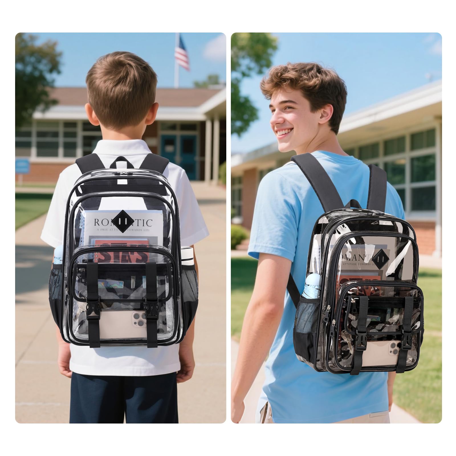 QIXIHU Large Clear Backpacks for School Heavy Duty Transparent Backpack for Stadium Event See through Bookbag for Kids Adult Thick PVC Back Pack, Semi-Black