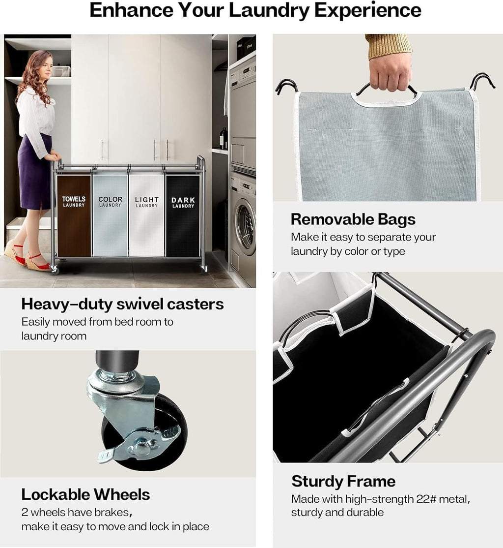 ROMOON Laundry Hamper Cart - 4-Section Organizer with Lockable Wheels & Removable Bags | 180L Rolling Basket for Small Spaces (Multicolor)
