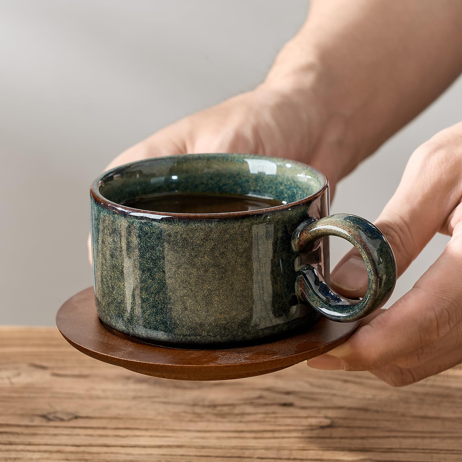 LUKA 6 Ounce Porcelain Stackable Espresso Cups with Saucers and Metal Stand Set of 4, Ceramic Cappuccino Cups Set for Specialty Coffee Drinks, Latte, Cafe Mocha and Tea, Kiln Tide Glaze