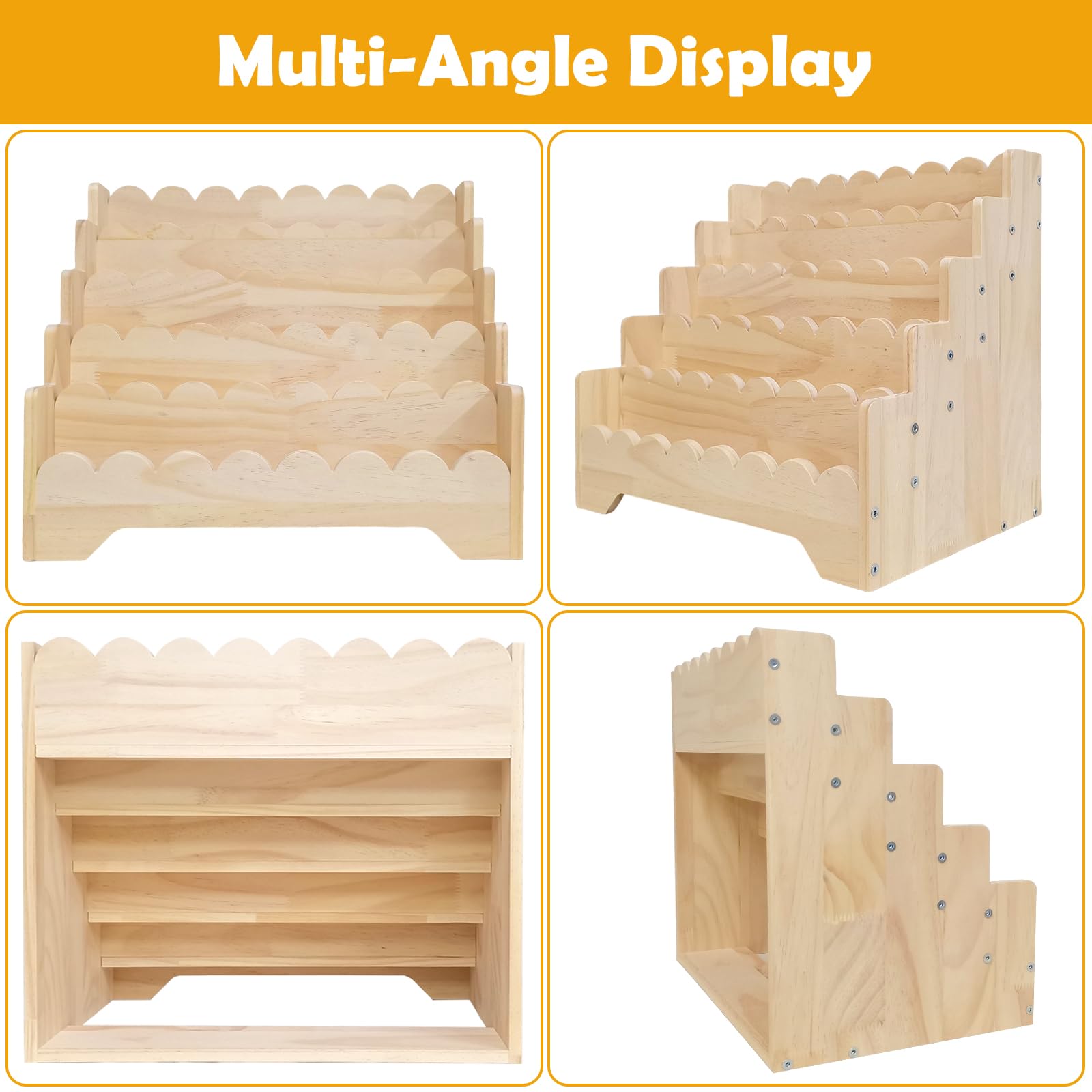 5 Tier Small Wooden Scalloped Shelf for Toddler 1-5 Years, Kids Bookshelf Children Montessori Bookshelf, Durable Baby Toddler Bookcase for Nursery Playroom, 16.9*11.4*15.7"