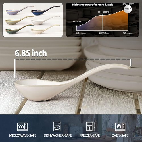 Artena Ceramic Soup Spoons - Deep Arc Anti-Roll Design | Set of 4, 6.85 Inch for Ramen & Pho (Creamy White)